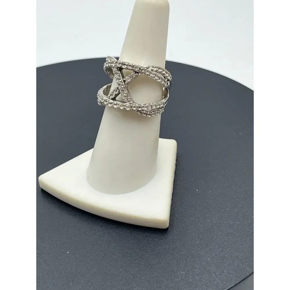 JWBR Sterling Silver White Sapphire Crossover Ring Sz‎ 7.25  Pave Setting 6.6g